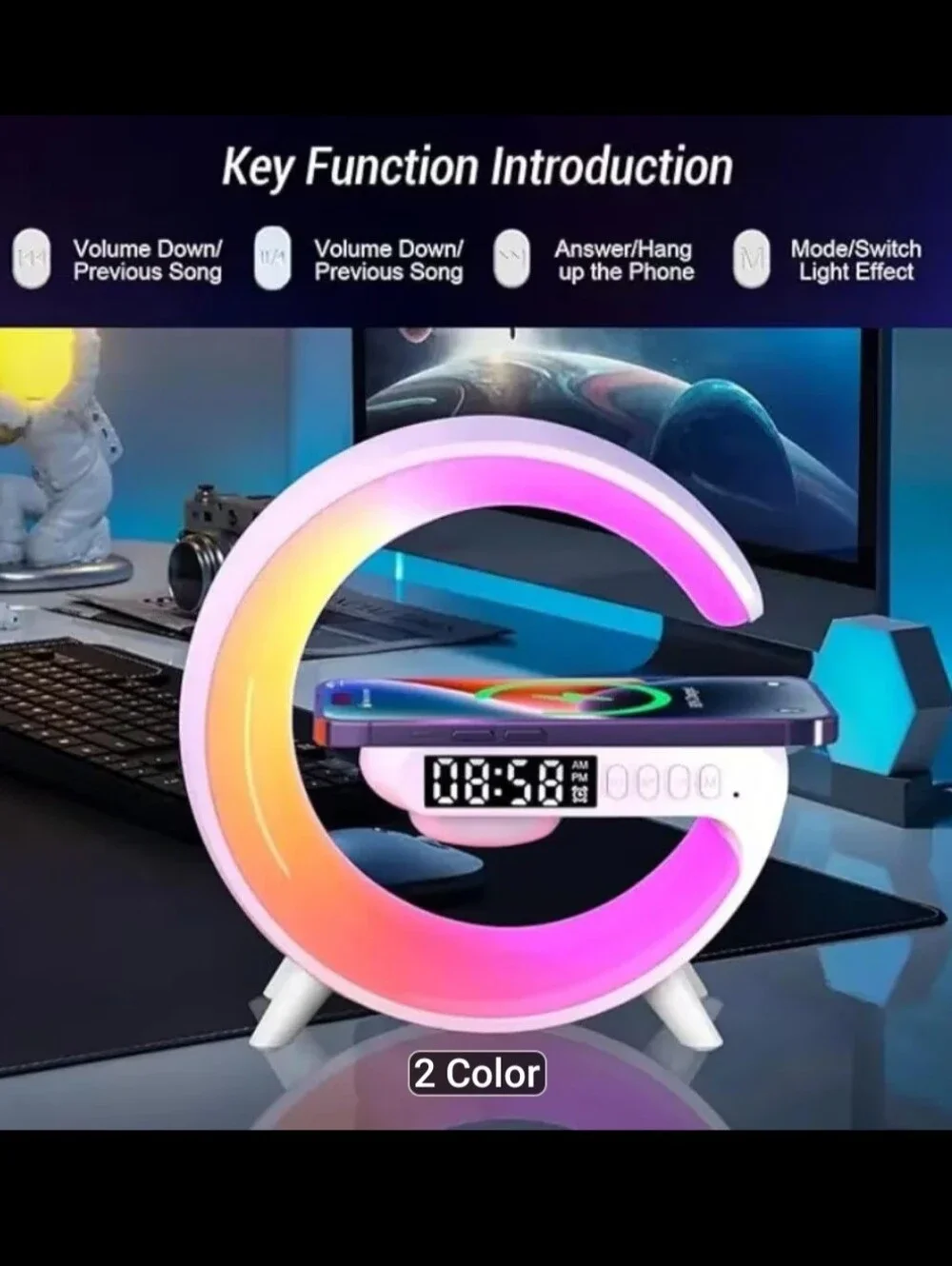 Black RGB Wireless Charging Alarm Clock with Bluetooth Speaker